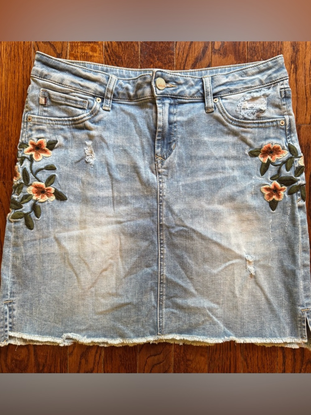 Dear John Denim Mini Skirt Embroidered Flowers Distressed Boho Chic Western 28
